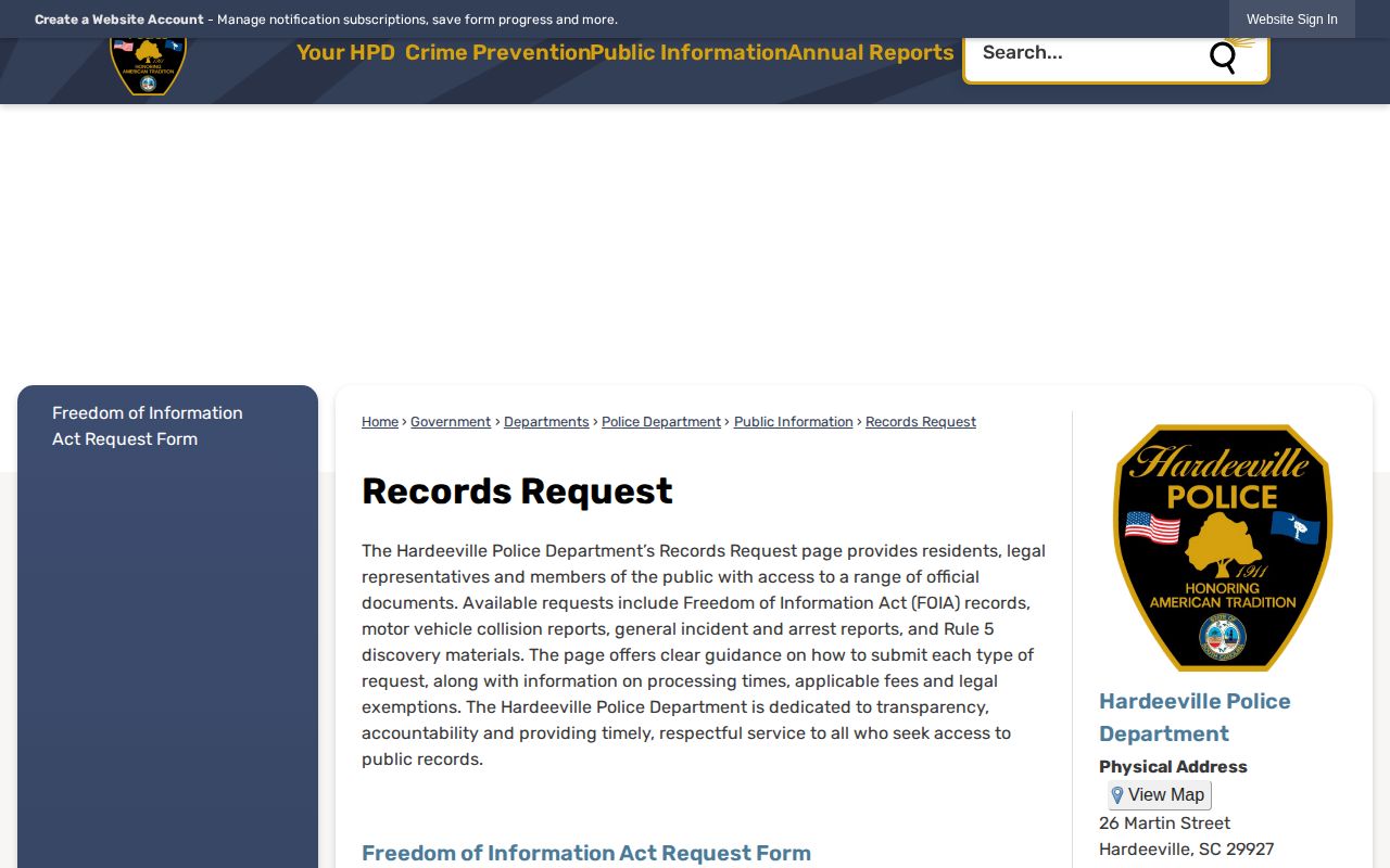 Jasper County Hardeeville Police Department arrest records request page