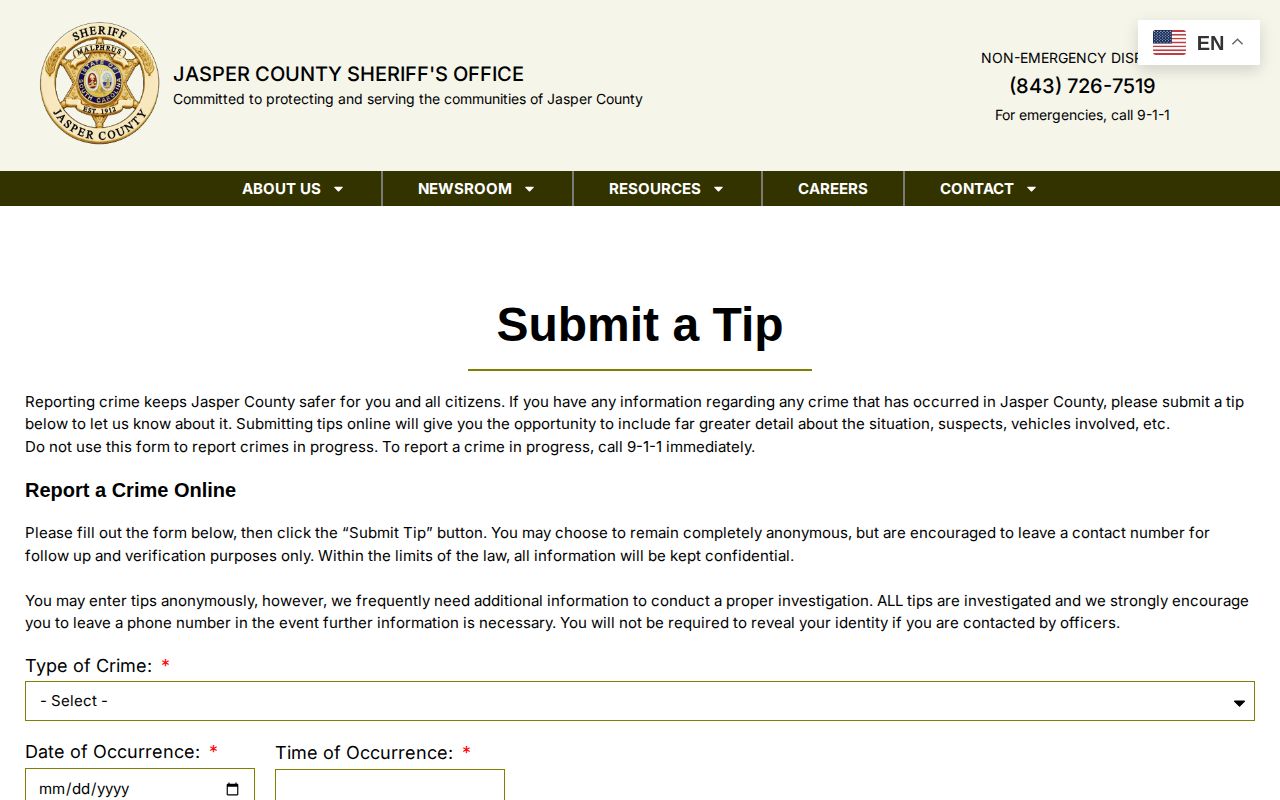 Jasper County Sheriff's Office anonymous tip and safety reporting page