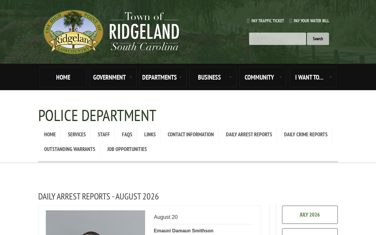 Jasper County Ridgeland official daily arrest reports record page